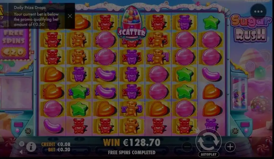 Фриспины завершены общей выплатой €128.70 в Sugar Rush
